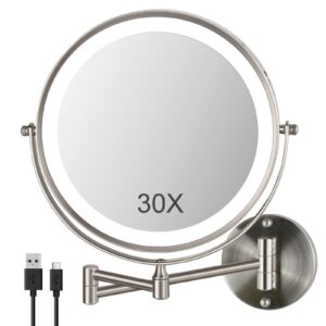 9" Wall Mounted Lighted Makeup Mirror, 30X/1X Magnifying Mirror with Lights | 3000mAh Rechargeable, Touch Control, 3 Color Brightness Dimmable, Extendable Arm 360°, Brushed Nickel