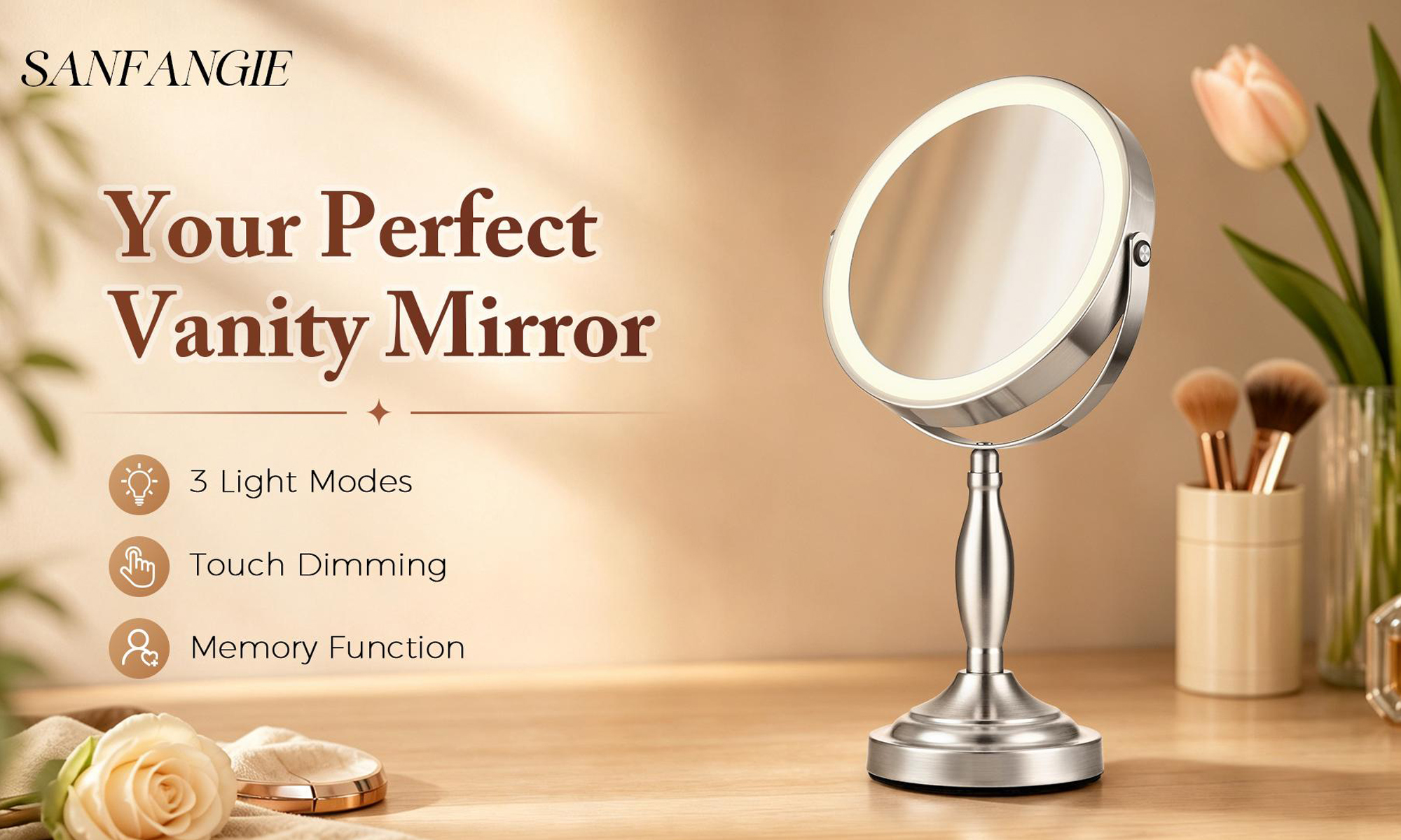 SANFANGIE lighted vanity mirror with three light modes, touch dimming and memory function