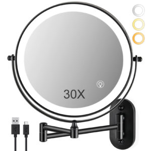 Magnifying Mirror with Lights 1x/30x: 9" Wall Mounted Lighted Makeup Mirror | Rechargeable 3000mAh, Double Sided, Extendable Arm, 360° Swivel Bathroom Mirror, Black