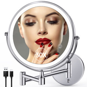 Wall Mounted Lighted Makeup Mirror: Double Sided 1X/30X Magnifying Mirror | 3000mAh Rechargeable Makeup Mirror with Light for Bathroom, 3 Color Lighting, Touch Screen Dimming, Extended Arm 360 Rotation