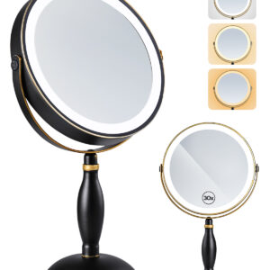 30X Magnifying Mirror with Light – Matte Black & Gold Trim | 8" Double Side Vanity Mirror, 360° Rotation, Rechargeable 5000mAh (Side Touch+Charge), 3 Color Lights Dimmable, Makeup Mirror