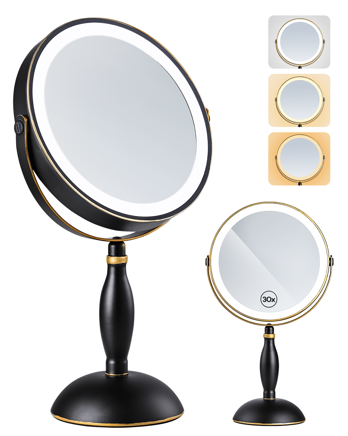 8 inch vanity mirror in matte black and gold trim