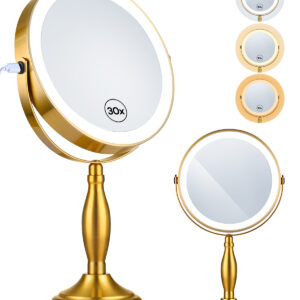 30X/1X Makeup Mirror with Lights, 8" Double Sided Vanity Mirror with Lights | 3 Color Modes & Dimmable, 5000mAh Rechargeable, Side Touch + Side Charging, 360° Rotation Tabletop Mirror, Brushed Gold