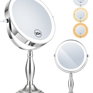 30X/1X Magnifying Mirror with Lights, Rechargeable Lighted Makeup Mirror | Chome, 5000mAh Battery, 3 Color Dimmable Lights, 8in, Side Touch Control, Side Charging, 360° Rotation, Extendable Arm