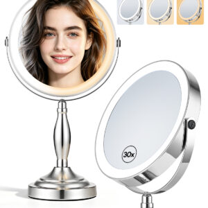30x Lighted Makeup Mirror with Lights, 8" Double Sided Magnifying Mirror | 3 Color Modes & Adjustable Brightness, 5000mAh Rechargeable, 360° Rotation, Side Touch+Side Charging, Vanity Mirror-Chrome