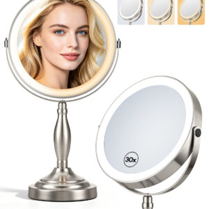 8"Makeup Mirror with Light–Brushed Nickel, 30X Magnifying/1X Double Sided | Vanity Mirror with 360° Swivel, 5000mAh Rechargeable (Side Touch + Side Charge), 3 Color & Dimming, Lighted Makeup Mirror