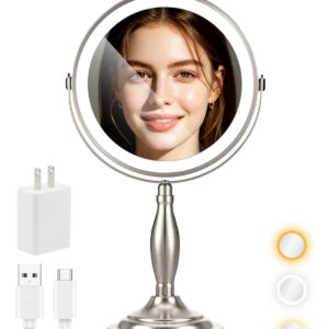 Makeup Mirror with Lights, 1X/30X Double Side Lighted Magnifying Mirror | 8'', 5000mAh Rechargeable Adjustable Brightness with 3 Colors, Side Touch & Side Charging with Adapter, Brushed Nickel