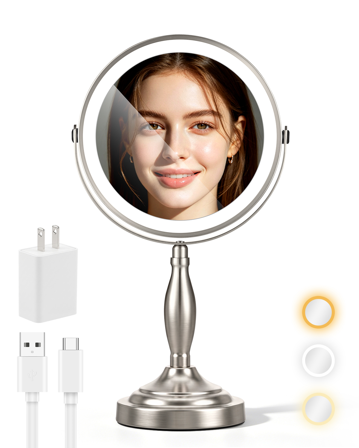 8 inch double sided lighted magnifying mirror, brushed nickel